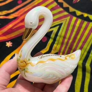 Fenton Signed Hand-painted 50th Anniversary Iridescent White Swan Figurine